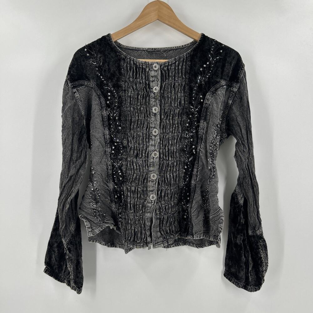 Vintage Bohemian Blouse Womens Size S/M Gray Sequin Fairy India Back Tie Velvet